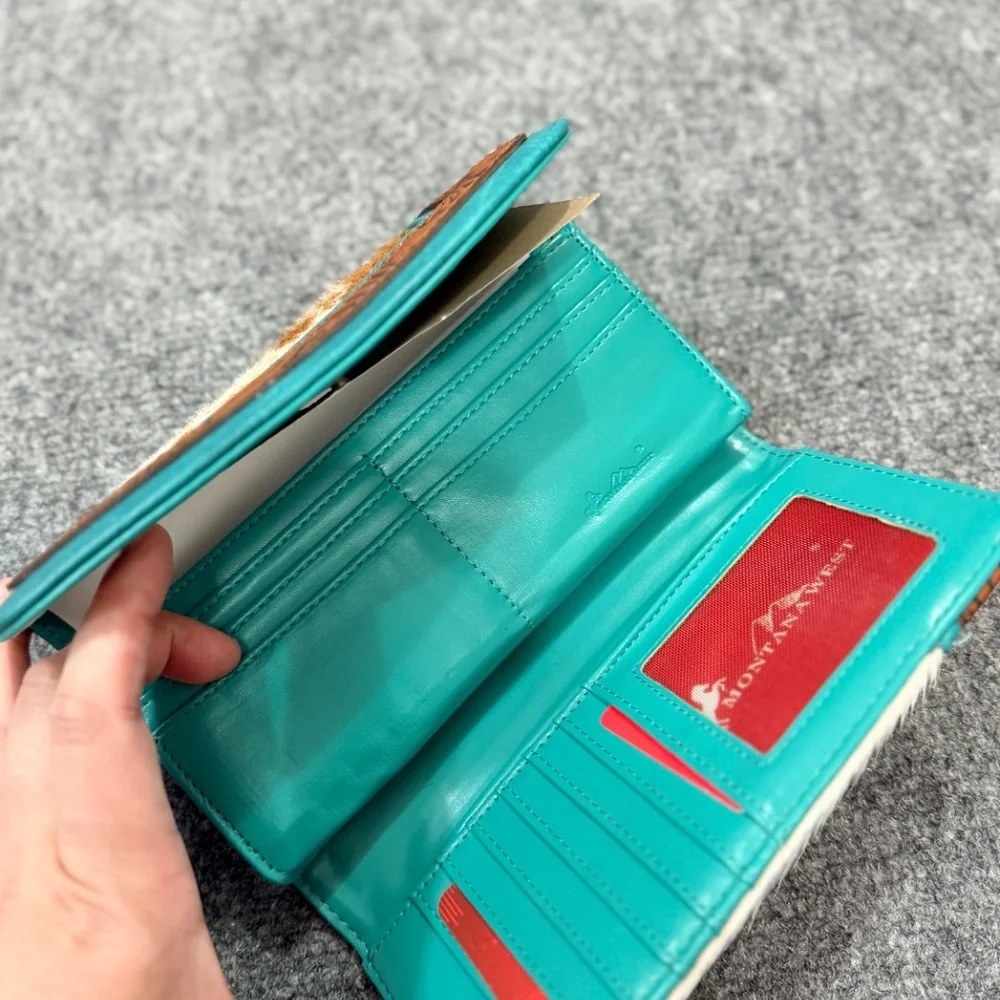 Montana West Hair-On Hide Tooled Wallet – Western Wristlet Brown-Turquoise
